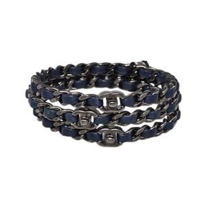 Chanel Blue Leather Ruthenium CC Logo Chain Bangle Bracelets Set